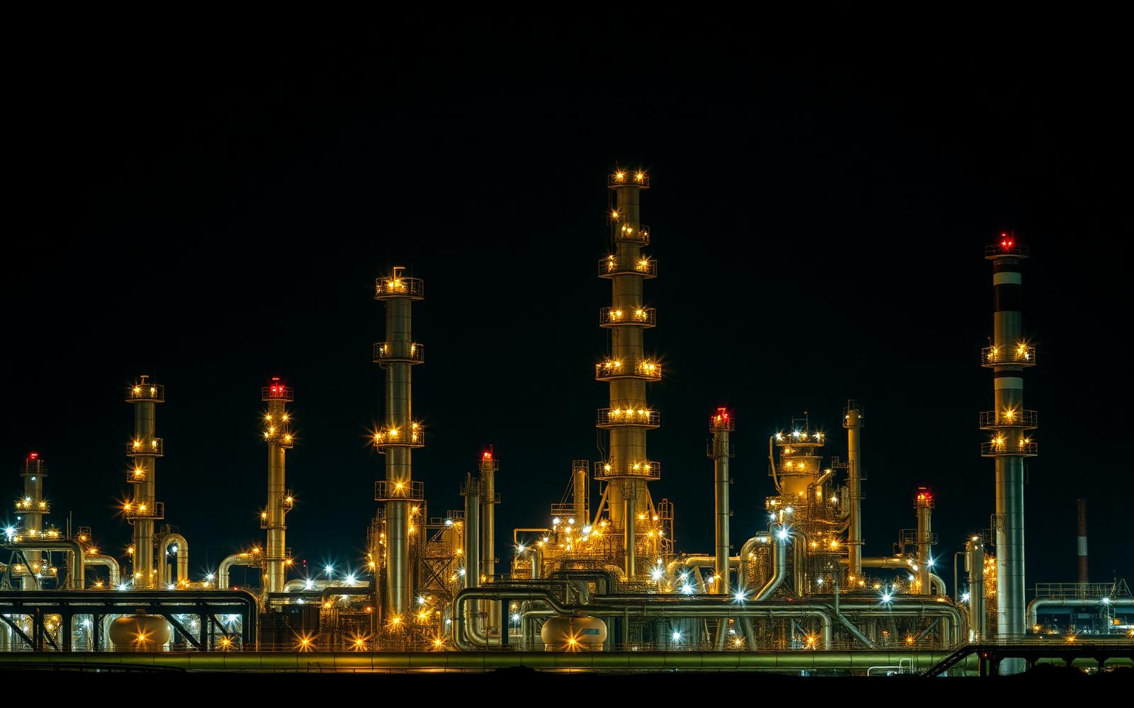 Refinery lit at night